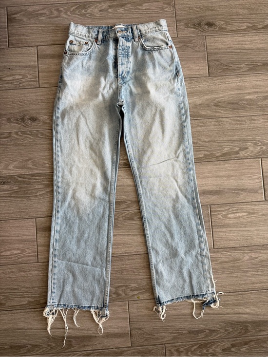 Zara Denim - Zara|Women’s Light Wash Straight Leg Jeans with Raw Hem,high rise button fly•••